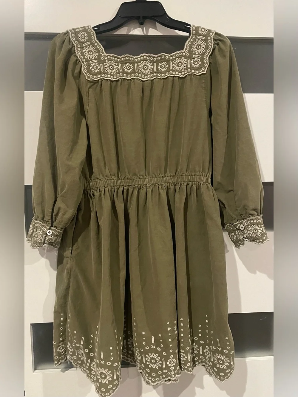 Madewell Olive Green Square-Neck Embroidered Long-Sleeve Dress